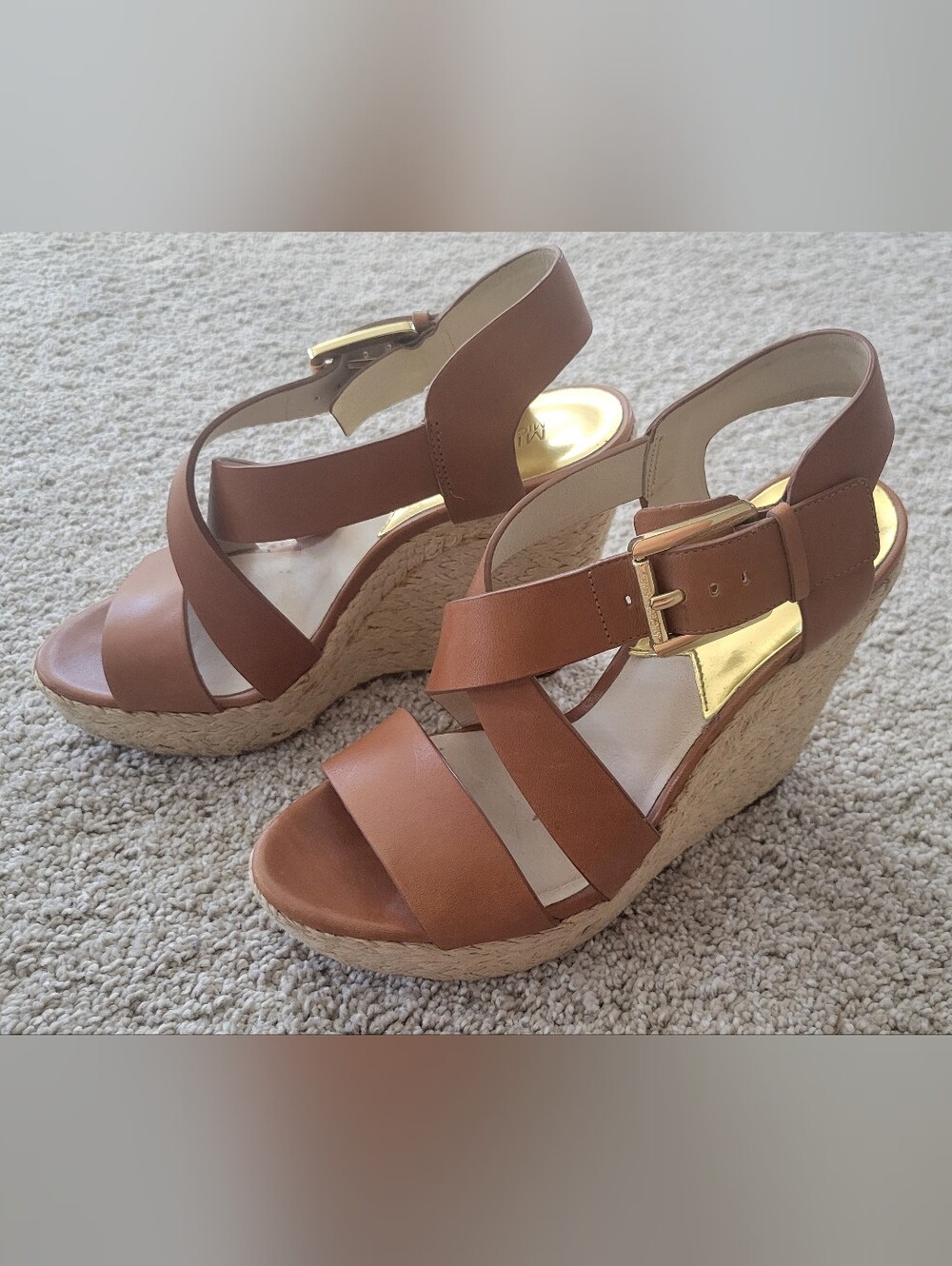 Michael Kors Leather Espadrille Wedge Sandals with Gold Buckle